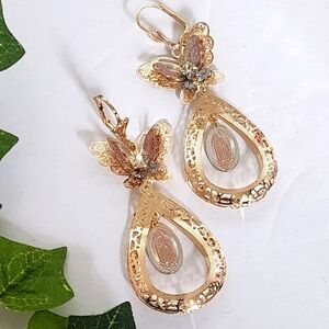 Tricolor Gold Drop Filigree Earrings  Butterfly with Virgin Mary